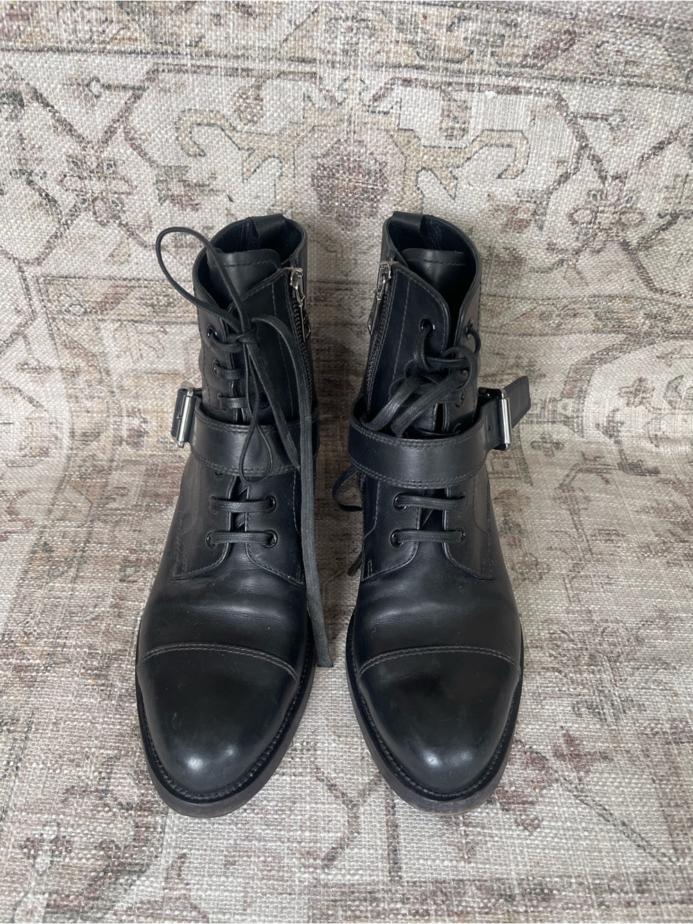 Prada Monk Strap Black Leather Lace-Up Combat Ankle Boots with Buckle